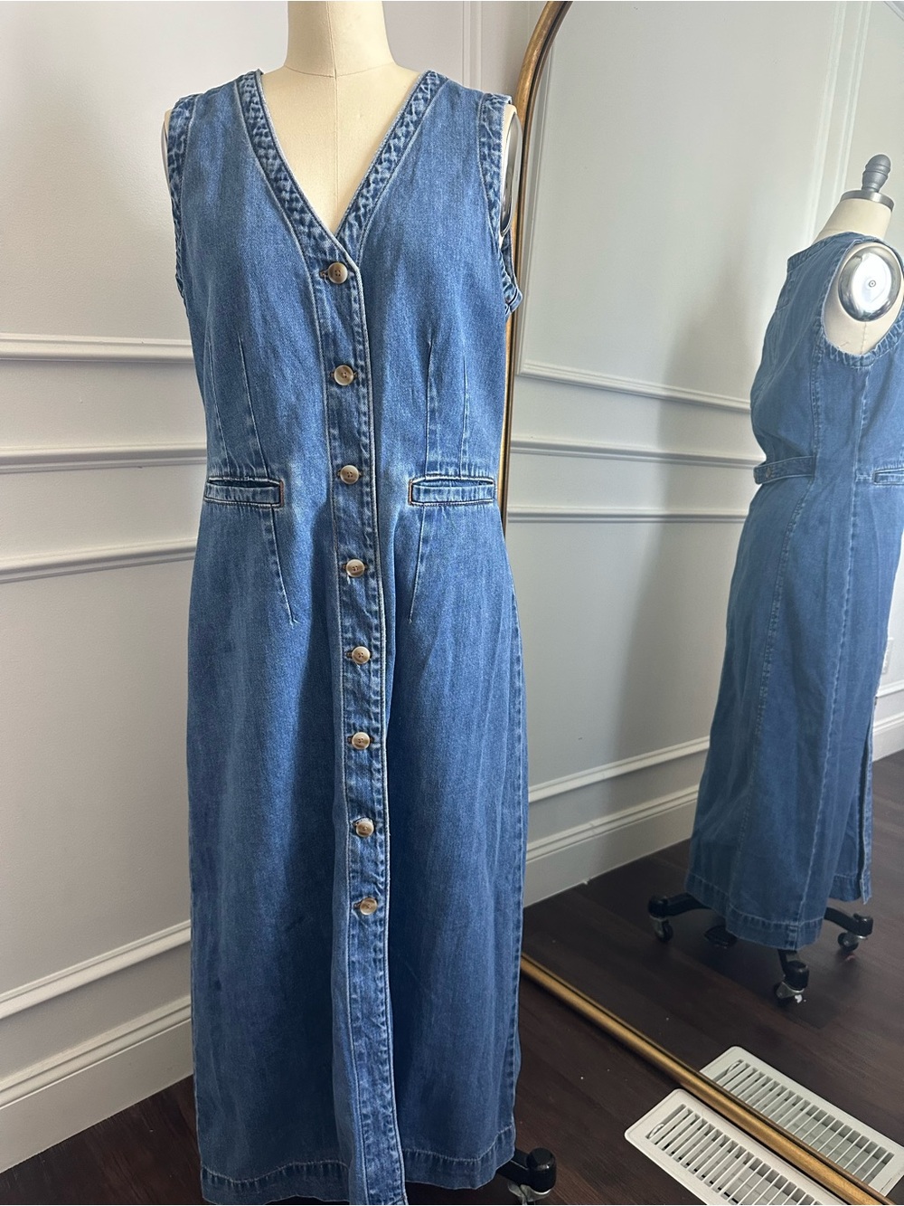 Ann Taylor Blue Denim Button-Front Sleeveless Maxi Overall Dress